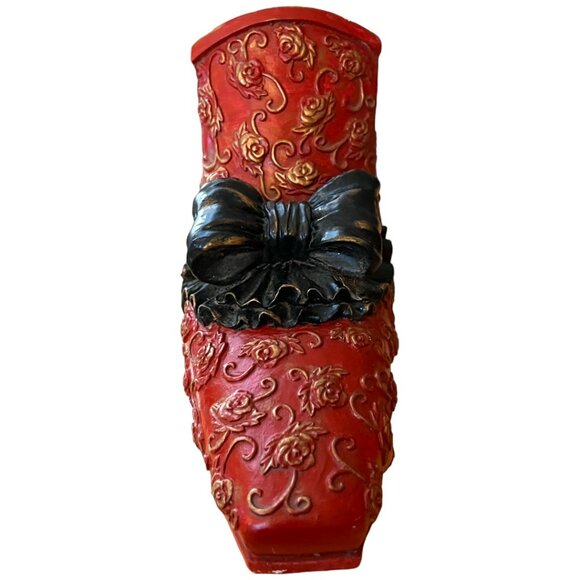 RARE! Vtg Ornate Red Plaster Shoe Planter Frilly Black Bow, Roses & Gold Accents - Picture 6 of 15